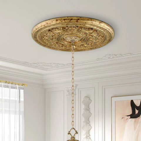 Vintage Gold Leaf Ceiling Medallion With Dope Gilded Accents Hand Applied Finish 22.5 Inch Diameter in elegant room decor
