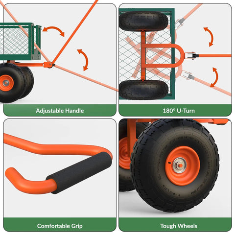 Features of Gutsy 17 Cu Ft Steel Tow Behind Dump Cart For Atv And Utv, showing adjustable handle and tough wheels.