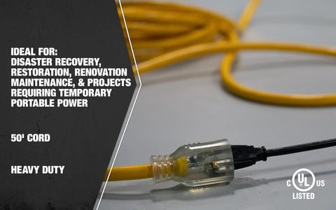 High Visibility Generator Extension Cord With Lighted End Indicator And Weatherproof Jacket, 50 ft yellow cable, close-up