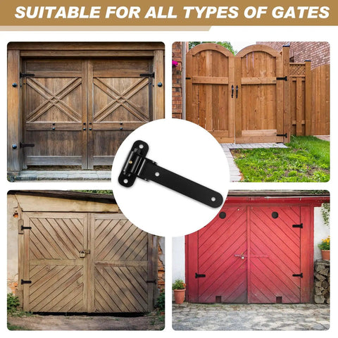 Beefy 6 Pack 13 Inch Heavy Duty Gate Hinges Set With 900 Lb Capacity shown on wooden and metal gates