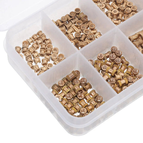 Huge 500 Pcs Brass Insert Nuts Assortment Kit Including M2 And M2.5 Knurled Fasteners for Heavy Duty Machinery Repair in organizer box.