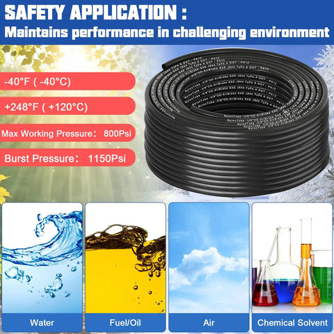 Three Eighths Inch DOT Air Line Hose Fifty Feet Black SAE J844 PA12 Nylon Air Brake Tubing with temperature ratings and fluid types