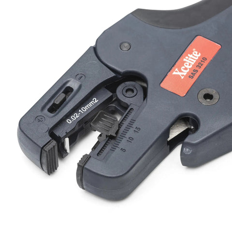 Close-up of Pro Grade Self Adjusting Wire Stripper With Spring For 32 To 10 AWG, Interchangeable Stripping Cassettes, Fiberglass Grip, SAS3210.