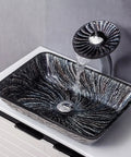 USZWBY Bathroom Vessel Sink, Tempered Glass Artistic Vessel Bowl Sink with Waterfall Faucet and basin, black textured design.