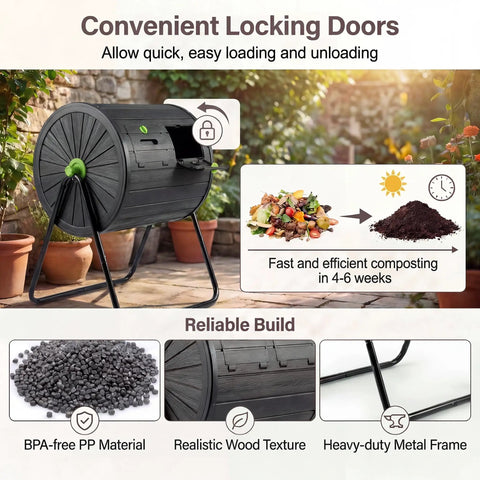 Dual Chamber Compost Tumbler 37.5 Gallon Outdoor Bin BPA Free Rotating Composter With Two Lockable Doors in garden