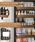 Eight Tier Over The Door Pantry Organizer With Adjustable Wire Baskets And Heavy Duty Support Rails For Kitchens Pantries And Closets showing adjustable storage baskets and anti-dumping fence.