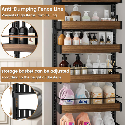 Eight Tier Over The Door Pantry Organizer With Adjustable Wire Baskets And Heavy Duty Support Rails For Kitchens Pantries And Closets showing adjustable storage baskets and anti-dumping fence.