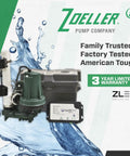 Complete Sump Pump System With M53 Primary Pump and 12 Volt Battery Backup, showing components and control box, splash background