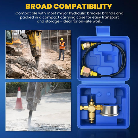 Hydraulic Breaker Hammer Nitrogen Gas Charging Kit With Dual Scale Gauge Glycerin Filled Brass And Stainless Construction Long 90 Cm Test Hose Pro Grade Nitrogen Pressure Test Tools For Hydraulic Breakers