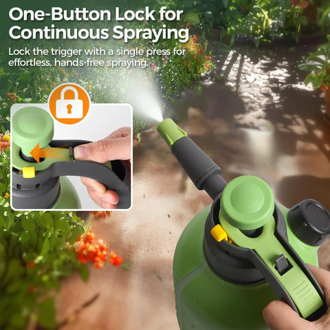 Hand Pump Sprayer 2L Garden Sprayer for Plants and Lawn Care with one-button lock for continuous spraying in use