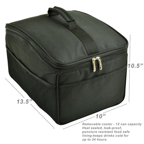 Removable cooler with 12-can capacity, heat-sealed, leak-proof design, measuring 13.5"x10"x10.5"