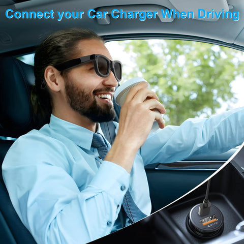 Man using 3.9Ft Type C Charging Cable For Ray Ban Meta Wayfarer Skyler Headliner Gen 2 And Oakley Meta HSTN Accessories in car