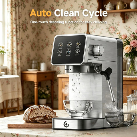 Professional 20 Bar Espresso Coffee Machine With Snappy Led Touchscreen Brewing Dope Barista Style Lattes And Rich Cappuccinos Straight Up No Hassle At Home in a bright kitchen.