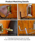 Spare Tire Holder Mount For E Track Rails, black steel bolt hanger for trailers, visible with wall mounted J hooks and shovel holder.