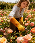 Woman gardening with Leather Gardening Gloves For Women And Men With Long Gauntlet Built Tough For Thorny Plants, Thorn Proof And Cut Resistant, Heavy Duty Cowhide Work Gloves For Pricking Bushes, Cacti, And Roses.