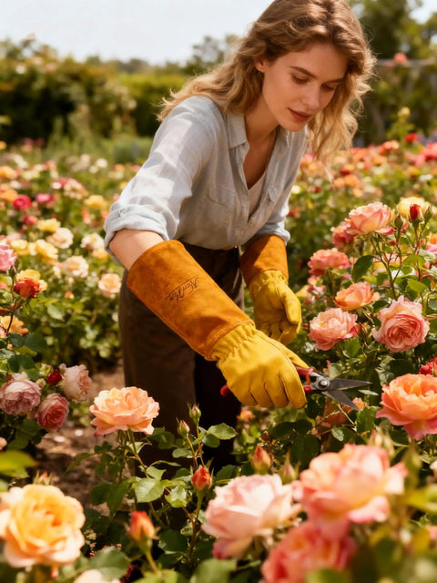 Woman gardening with Leather Gardening Gloves For Women And Men With Long Gauntlet Built Tough For Thorny Plants, Thorn Proof And Cut Resistant, Heavy Duty Cowhide Work Gloves For Pricking Bushes, Cacti, And Roses.