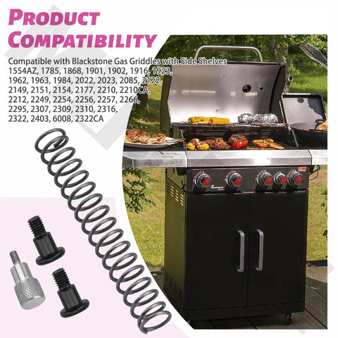 Locking pin and spring kit with four M6 bolts for Blackstone griddles; coiled spring and mounting bolts shown beside a gas grill.