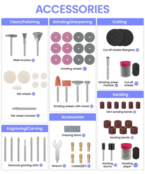 287 Piece Rotary Tool Accessory Kit With One Eighth Inch Shank Bits For Cutting Grinding Polishing And Engraving includes steel brushes, grinding wheels, cut off wheels, sanding bands.