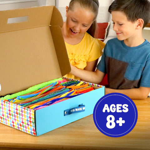 DIY Arts And Crafts Starter Kit Mega Box With Pounds Of Craft Supplies For Kids Ages Four Through Twelve, open box with supplies