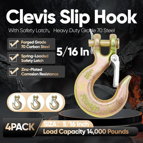 Top Shelf Heavy Duty Grade 70 Steel Clevis Slip Hooks With Secure Safety Latch 5/16 Inch Chain Hook Set showing forged steel design.