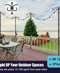 Heavy Duty Outdoor String Light Poles 9 Ft Two Pack For Backyard Patio Lights with bistro vibe on deck, shown with string lights