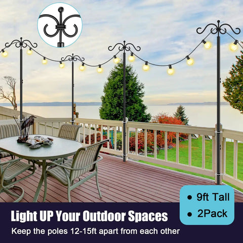 Heavy Duty Outdoor String Light Poles 9 Ft Two Pack For Backyard Patio Lights with bistro vibe on deck, shown with string lights