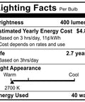 Lighting facts for 40 Watt Oven Light Bulbs 2 Pack For Oven Stove Refrigerator Microwave Incandescent High Temp 570F Capable Warm White 400 Lumens