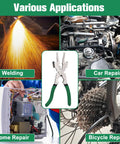 Image showing various applications of 8 Inch MIG Welding Pliers With Nozzle Cleaner And Rounded Hammer Face for welding, car repair, home repair, and bicycle repair.