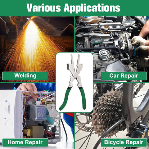 Image showing various applications of 8 Inch MIG Welding Pliers With Nozzle Cleaner And Rounded Hammer Face for welding, car repair, home repair, and bicycle repair.