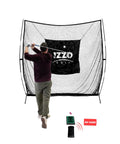User practicing with Launch Master Golf Swing Trainer Bundle With Net Practice Mat And Launch Monitor For Indoor Golf.