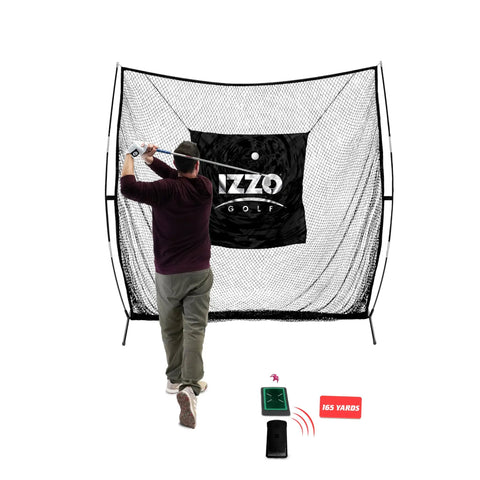 User practicing with Launch Master Golf Swing Trainer Bundle With Net Practice Mat And Launch Monitor For Indoor Golf.