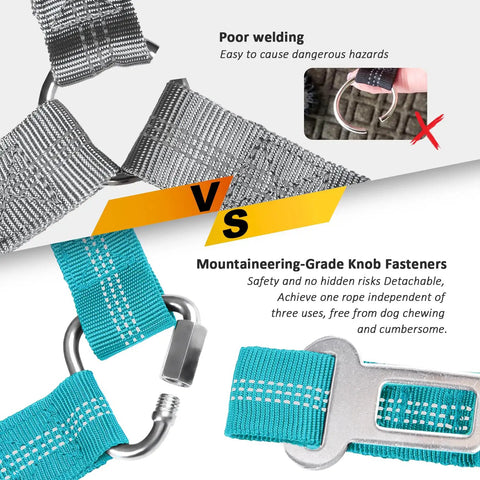 Comparison of poor welding vs mountaineering-grade fasteners for Heavy Duty Dog Seat Belt Harness For Car With Adjustable Reflective Bungee Leash.