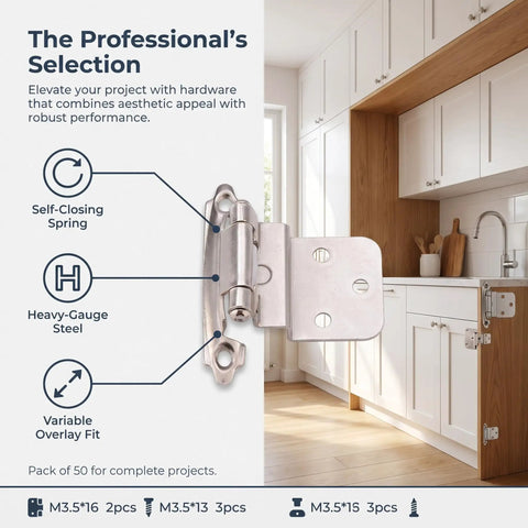 Top Shelf 3 8 Inch Inset Cabinet Hinges Satin Nickel Self Closing Semi Concealed Face Mount Kitchen Hardware With Screws Bulk 25 Pairs Built Different Smooth Operation close-up of hinge on cabinet door
