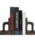 Legit Industrial Bookends Featuring Charred Pine And Genuine Metal Pipe Fittings And Badass 2 Piece Set For Modern Farmhouse Desks and Rustic Steampunk Home Decor with stacked books.