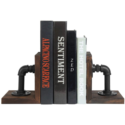 Legit Industrial Bookends Featuring Charred Pine And Genuine Metal Pipe Fittings And Badass 2 Piece Set For Modern Farmhouse Desks and Rustic Steampunk Home Decor with stacked books.