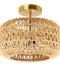 Boho Rattan Ceiling Light Fixture 3 Light 12.6 Inch Antique Brass Handmade Woven Semi Flush Mount