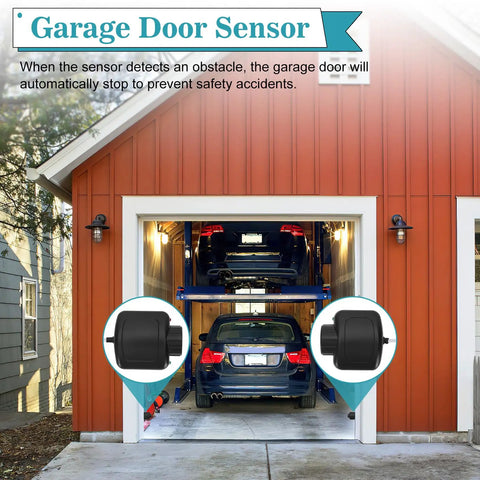 Two Beam Garage Door Opener Safety Sensor Eyes Kit Replacement For LSO50 LDO33 LDO50 shown in a garage with two cars