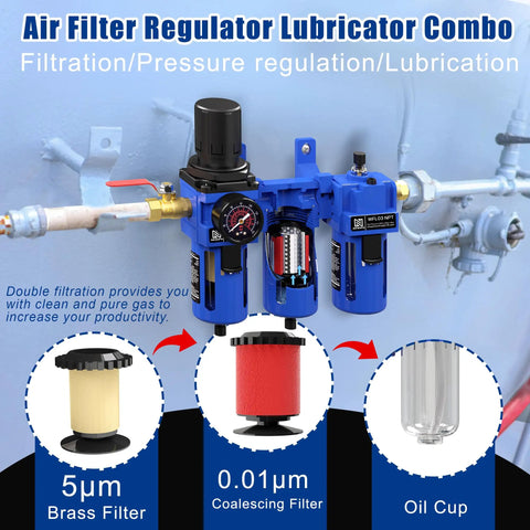 Three Eighths Inch NPT All In One Heavy Duty Compressed Air Filter Regulator Lubricator Combo Water And Oil Trap Separator