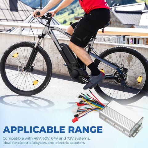 Cyclist on e-bike with Beefed Up Dual Mode 12 Tube Brushless Motor Speed Controller For 48V 60V 64V 72V Systems visible