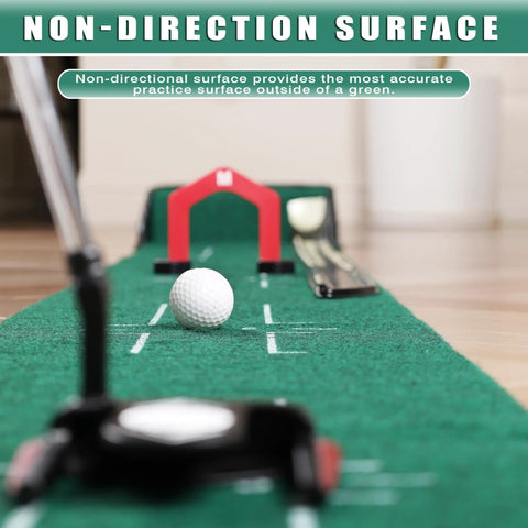 Indoor Golf Putting Green Mat For Home Practice With Hazard Bunker And Water Challenge shown with golf ball and putter