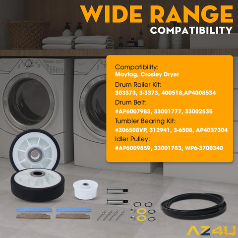 Drum Roller Kit With Drive Belt And Idler Pulley For Maytag Neptune 3000 Series shown with dryer compatibility list