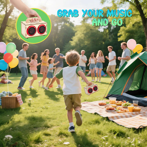 Child running with Build Your Own Bluetooth Speaker Kit With LED Lights And Colored Pencils For STEM Learning Fun For Kids Ages 8 To 14 A Hands On Electronic Engineering Project Gift For Teens And Creative Makers at a picnic.