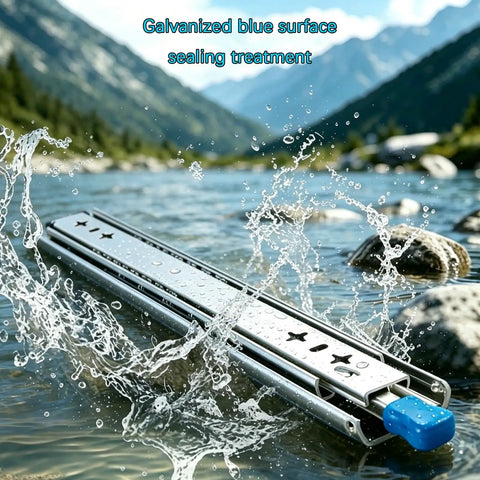Heavy-Duty Locking Drawer Slides with water-resistant feature in a stream, showcasing galvanized blue surface sealing treatment