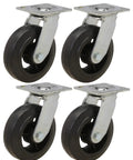 Set of 4 6 Inch Caster Set with rubber on cast iron wheels for dumpsters, 2000 lb capacity, double row ball bearing swivel mounting