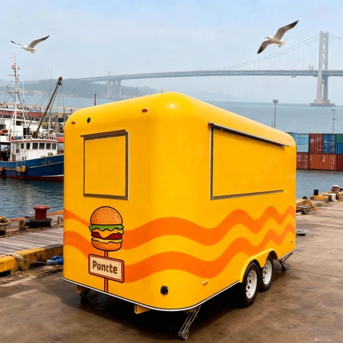 Mobile Food Truck And Snack Cart For Sale Featuring Custom Commercial Trailer Built For Coffee Stands And Burger Joints in yellow at the dock.