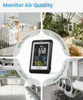 CO2 Monitor With Voice Alerts, Indoor Air Quality Meter placed in various settings like baby room, greenhouse, RV, and meeting room.