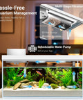 Top Tier Ready Slick Desktop Aquarium Kit With Smart App Control And Built In Auto Feeder 1.3 Gallon Small Fish Tank showing filtration system and aquatic plants.