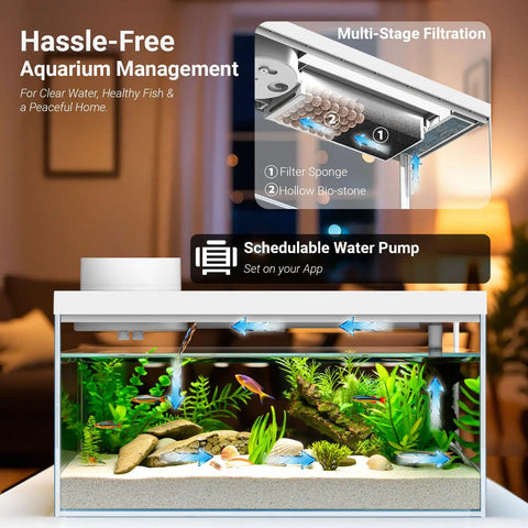 Top Tier Ready Slick Desktop Aquarium Kit With Smart App Control And Built In Auto Feeder 1.3 Gallon Small Fish Tank showing filtration system and aquatic plants.