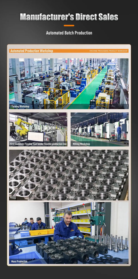 Automated production workshop with machinery and workers in a factory setting for manufacturing tool holders and components.