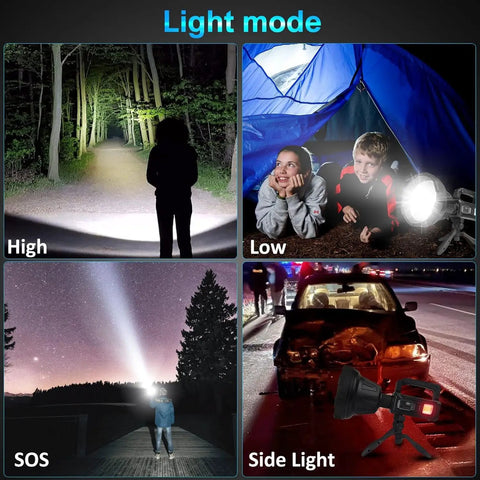Rechargeable LED Spotlight Flashlight 120000 Lumens Beast Ultra Bright Long Range Beam With 4 Modes IPX5 Waterproof Searchlight For Fishing Hiking Camping Includes Tripod 8000mAh Battery